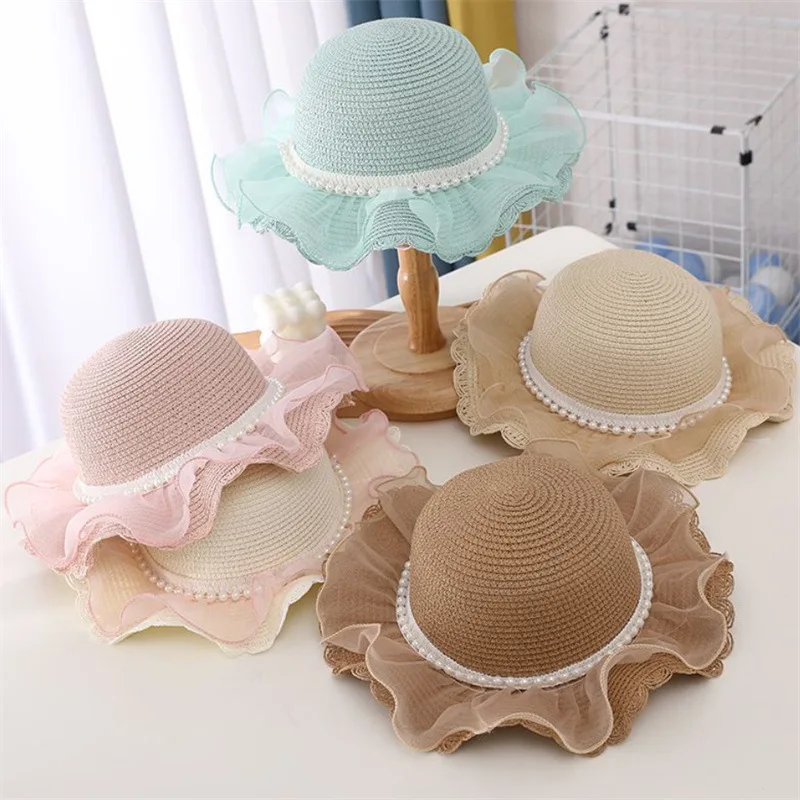 1 Piece of Clothing Children Fashion Cute Lace Pearl Decoration Foreign Style Princess Summer Sun Sunscreen Fisherman Hat