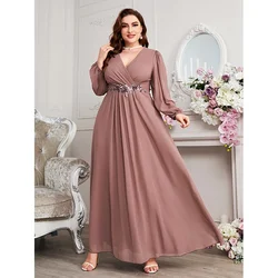 S-7xl V-Neck Pink Chiffon Long-Sleeved Evening Dress 4xl5xl Wedding Bridesmaid Chiffon Maxi Dress For Women