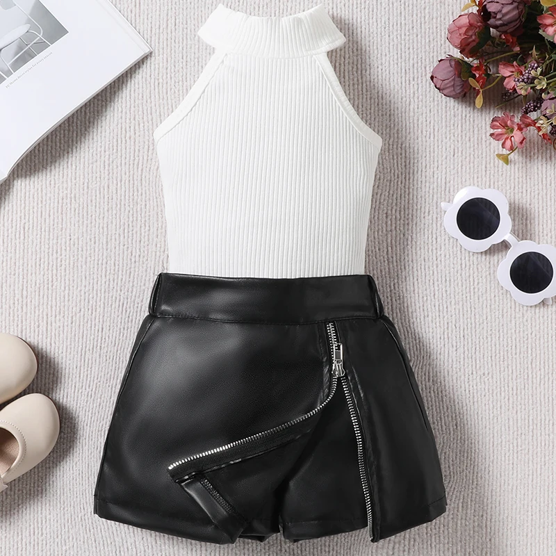 

2 Piece Set 2024 Summer Children Clothes Girls Fashion Black Solid Sleeveless Cotton Tops+PU Shorts Baby Boutique Clothing BC367