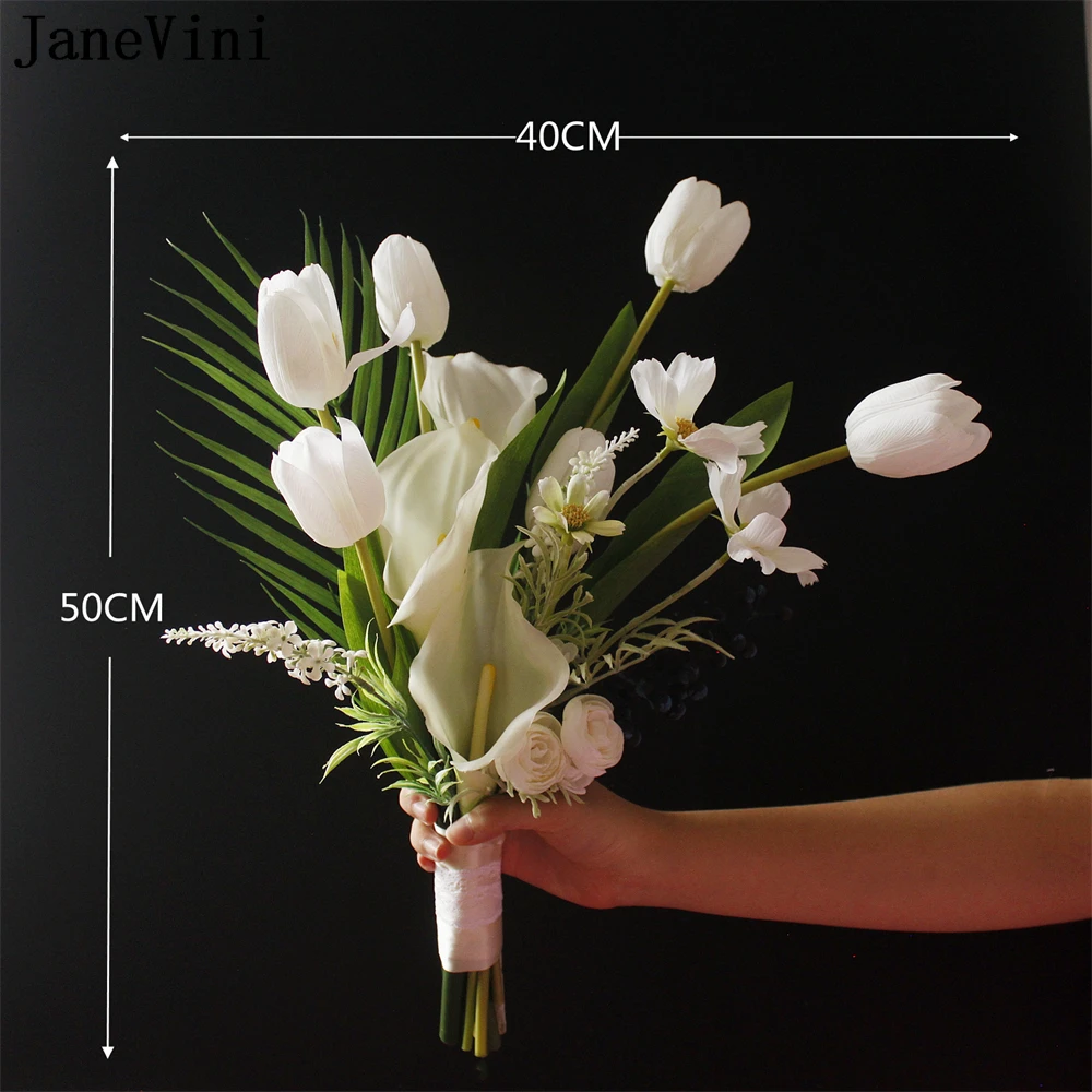 JaneVini-ramo de lirios blancos Para novia, Flores artificiales de tulipán bohemio Para dama de honor, ramo de Flores Para Boda