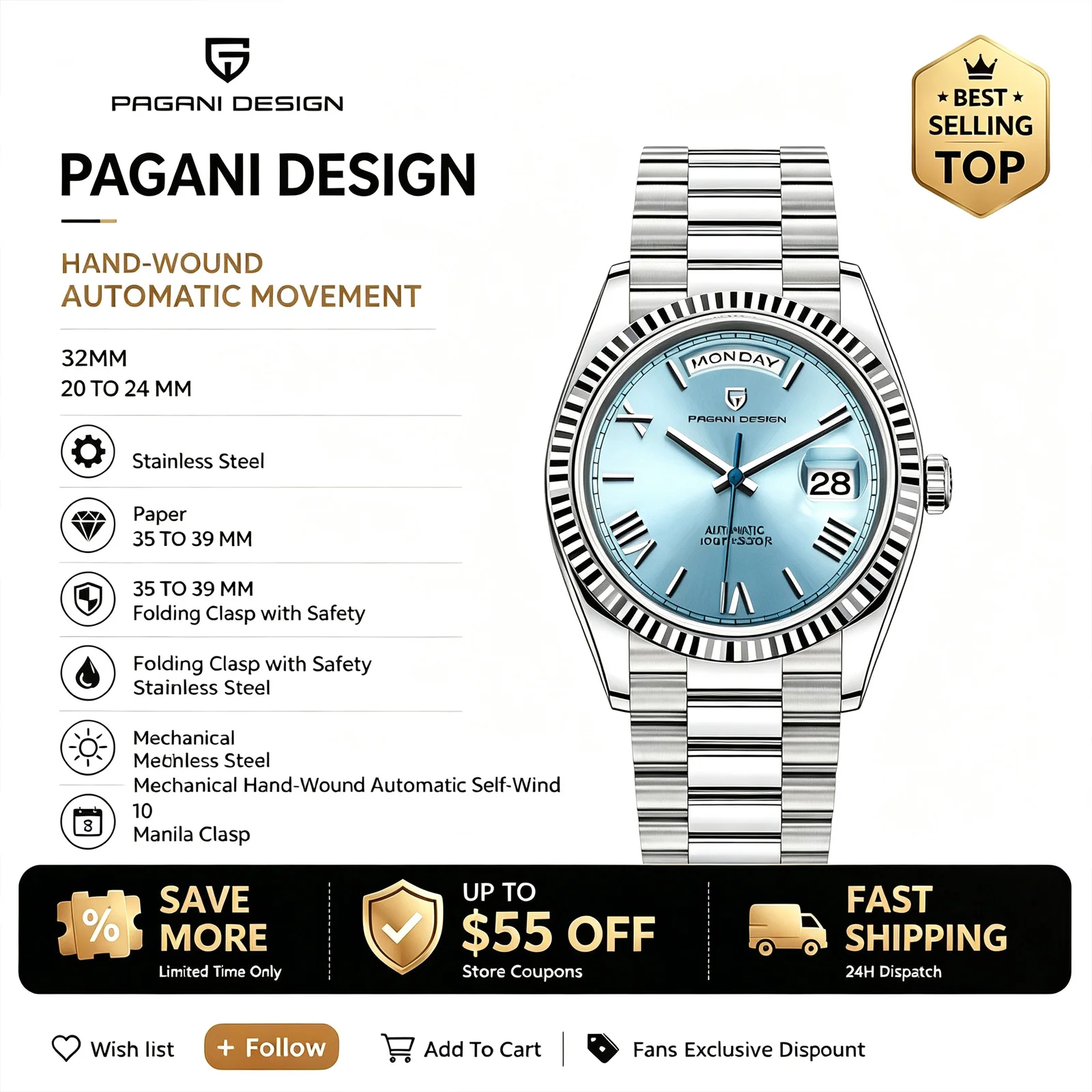 PAGANI DESIGN 1776 Fashion Ladies Quartz Watch Waterproof Stainless Steel Strap Casual Business Watches for Woman 2026 New