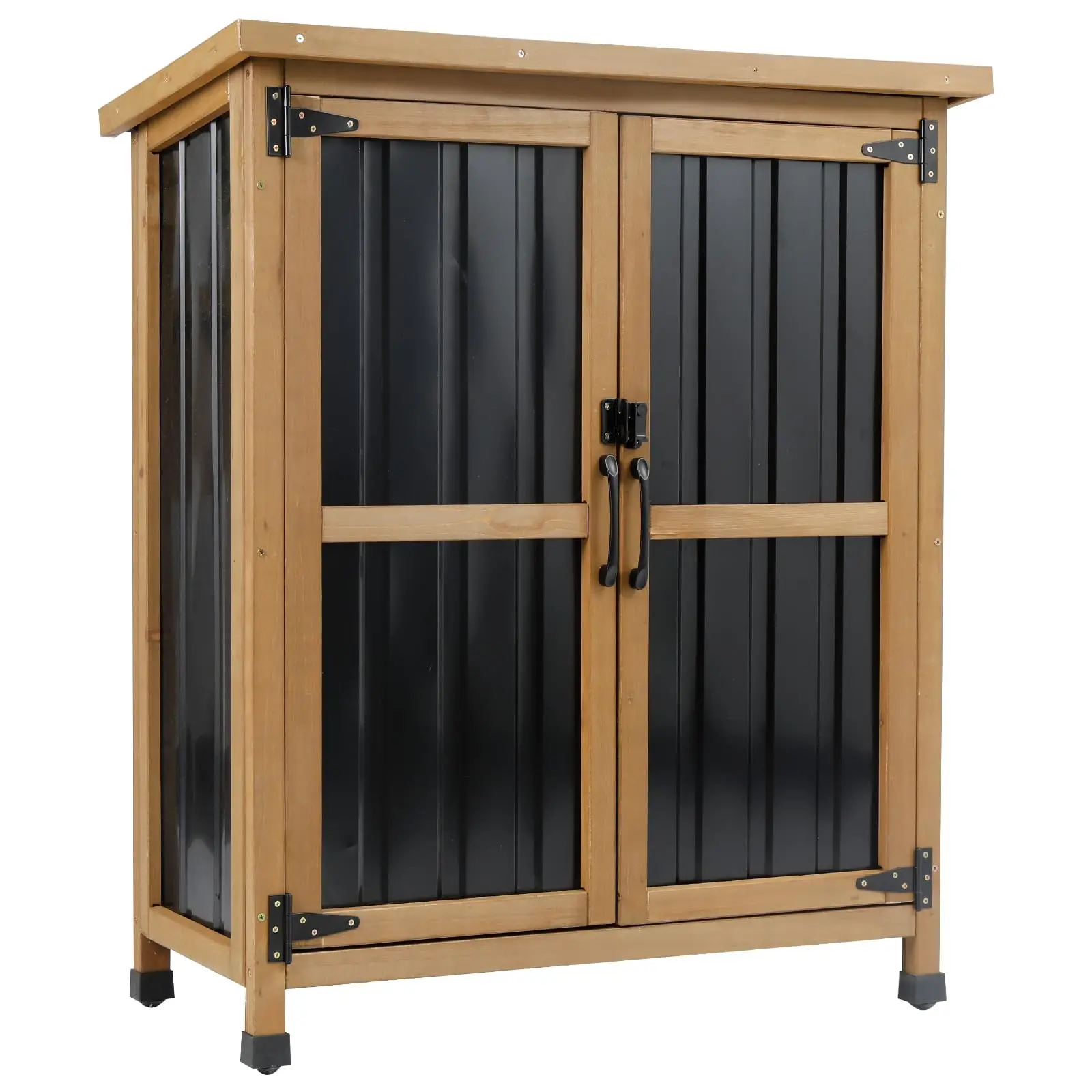 Outdoor Storage Cabinet, Wood & Metal Small Garden Tool Storage Cabinet with Weather-Resistant Asphalt Roof, Double