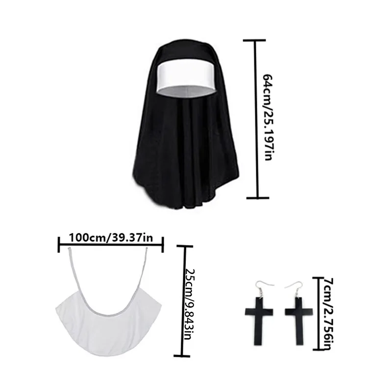 PESENAR Women's Nun Cosplay Costume Accessories Set - Nun Veils, Cross Earrings and White Crop Tops