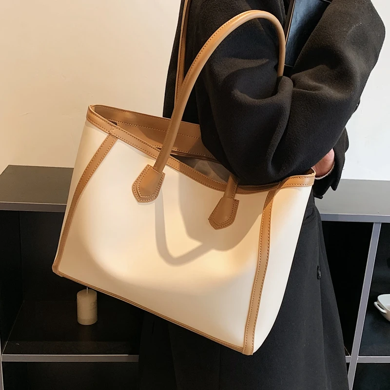 Borsa Tote in PU di grande capacità 2023 borsa a tracolla semplice per pendolarismo Versatile con cerniera a contrasto di colore retrò delle nuove