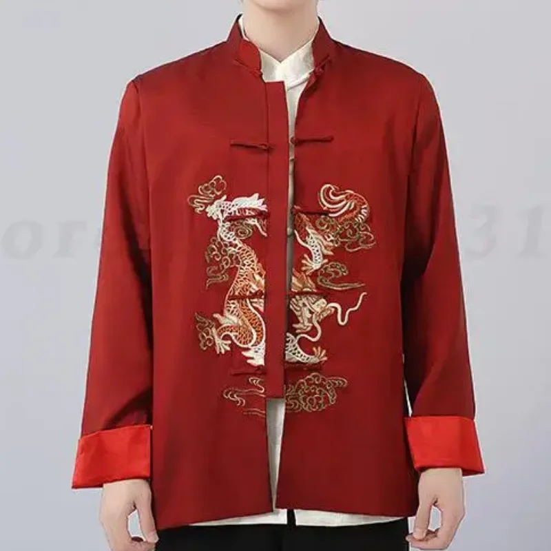 

New Chinese Traditional Tang Clothes Men's Embroider Dragon Coat Retro Button Up Jacket Plus Size 3Xl Mandarin Collar Tops Shirt