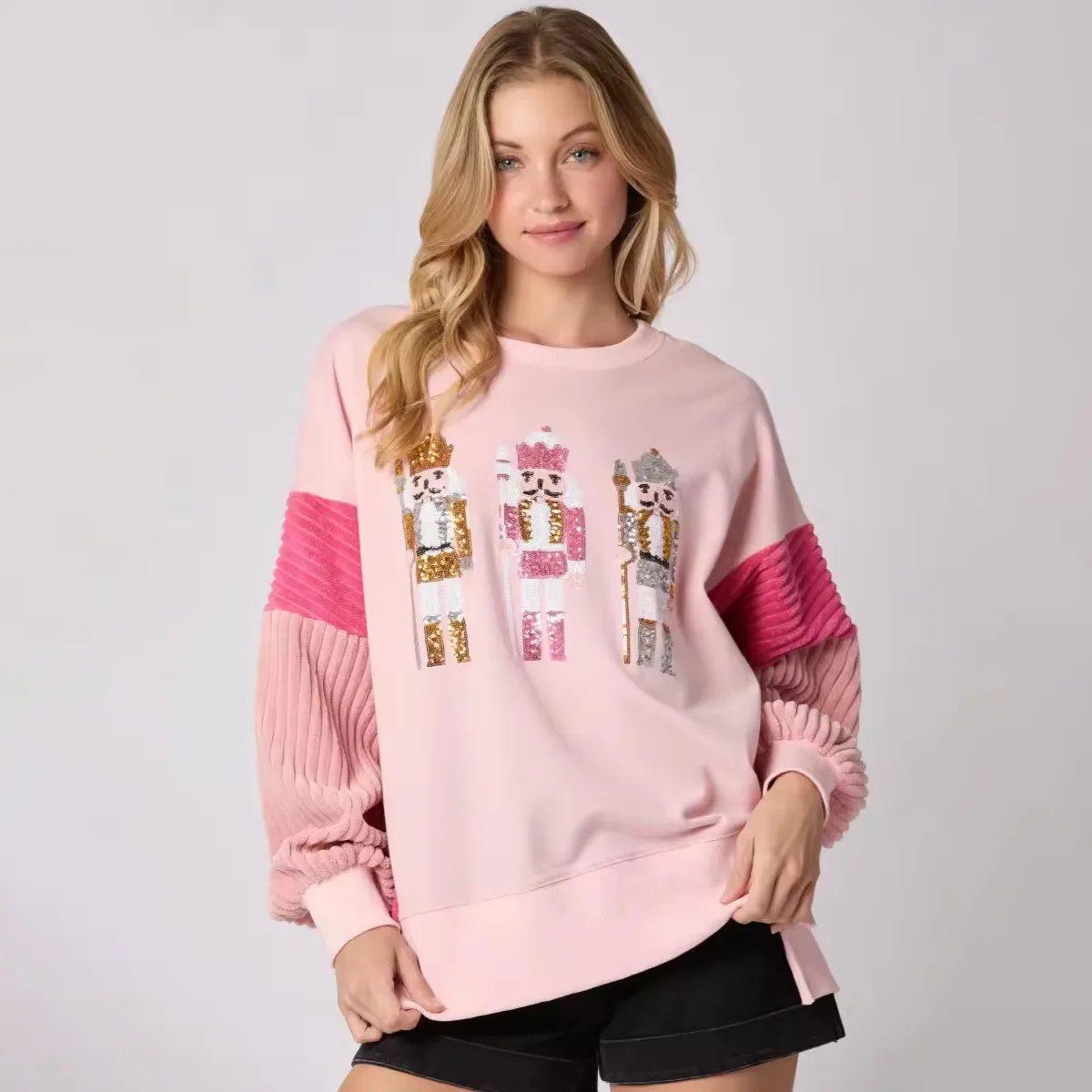 

Женская блестящая рождественская солдатская толстовка, свободные топы с длинными рукавами-фонариками и принтом Санта-Клауса, уличная одежда в стиле Харадзюку с круглым вырезом