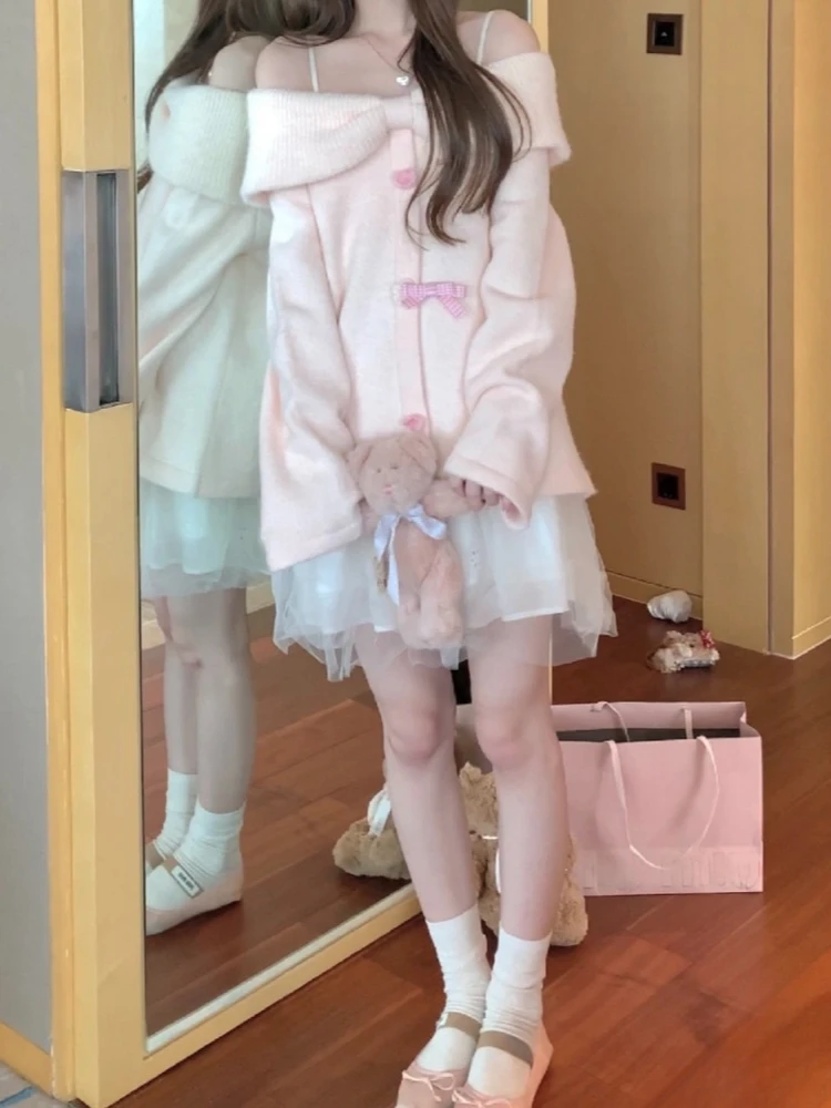 Cuteore Sweet Streetwear Knitted Cardigan Women Japanese Style Y2k Harajuku Solid Elegant Bow Sweater Soft Girl 2024