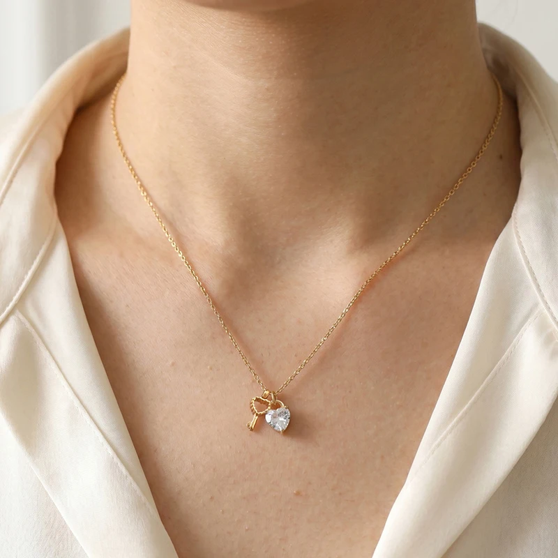 Lock and Key Heart Necklace for Women, Luxury Gold Plated Stainless Steel Zirconia Pendant, Valentine Gift