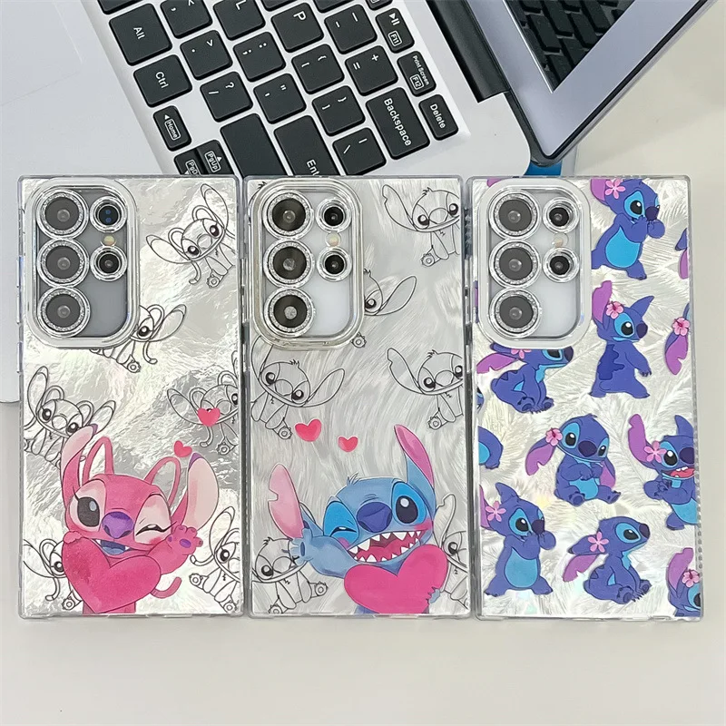 귀여운 만화 스티치 앵글 커플 폰 케이스 삼성 갤럭시 S23 S24 S25 울트라 플러스 A56 A55 글리터 렌즈 필름 충격 방지 커버