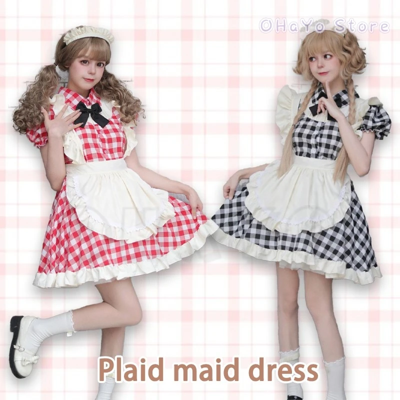 

Униформа британской горничной, короткое клетчатое платье, аниме Лолита, карнавальный костюм, большие размеры, кавайная готическая горничная, наряд для кафе