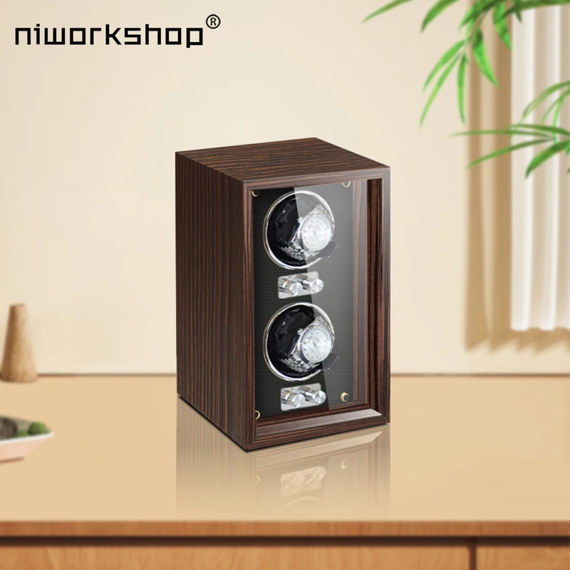 Niworkshop Watch Winder for Automatic Watches,2 Slots Wood Watch Box with Quiet Motor,LED Light,Adjustable Watch Pillows.