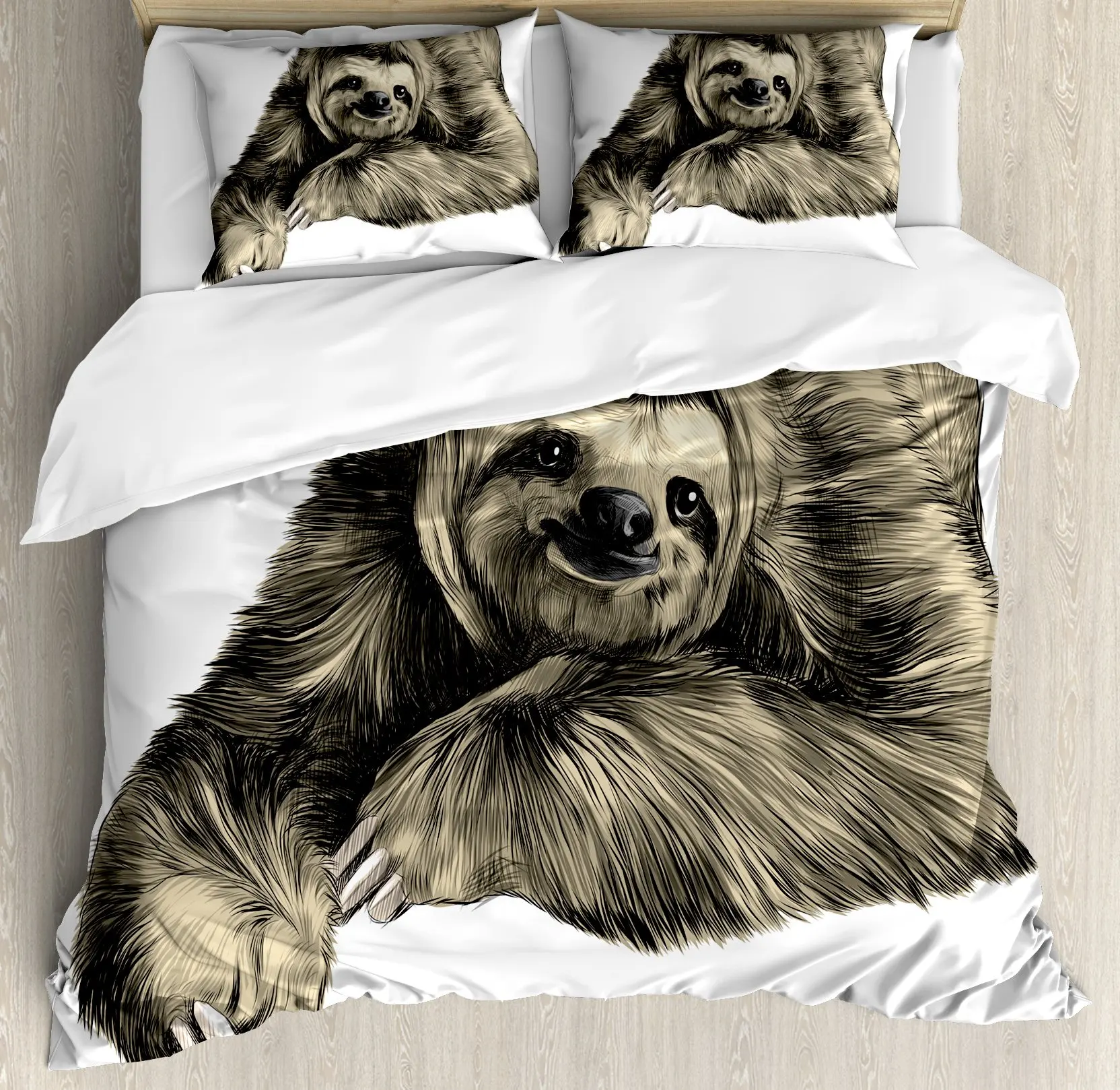 Cute Sloth Duvet Cover Set, Sweetly Smiling Animal Decorative 3 Piece Bedding Set with 2 Pillow Shams, Twin Full Queen King Size