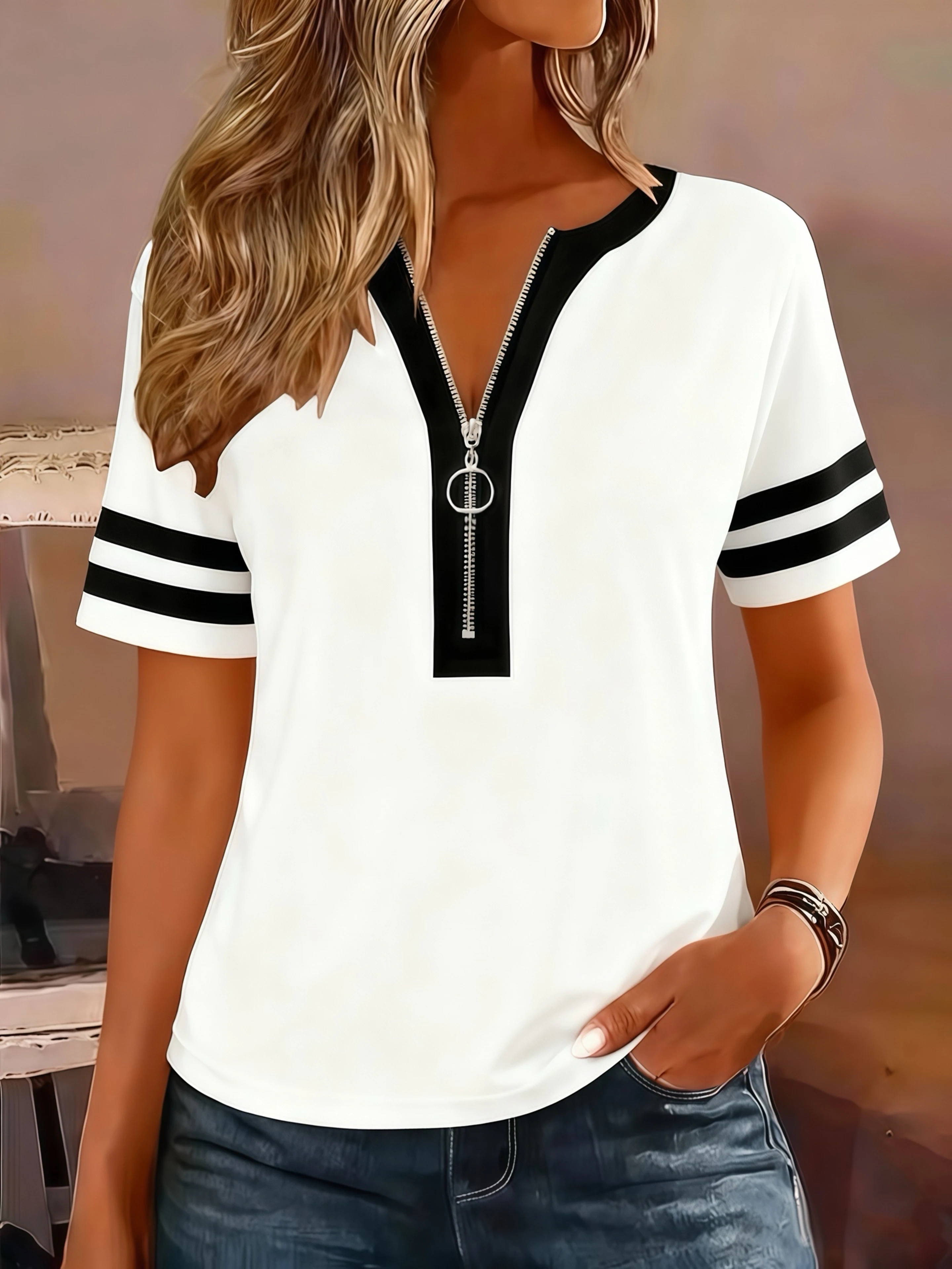 Fashion Zip-Front Color Block Stripe Print Ladies Short Sleeve T-Shirt, Casual Round Neck Top