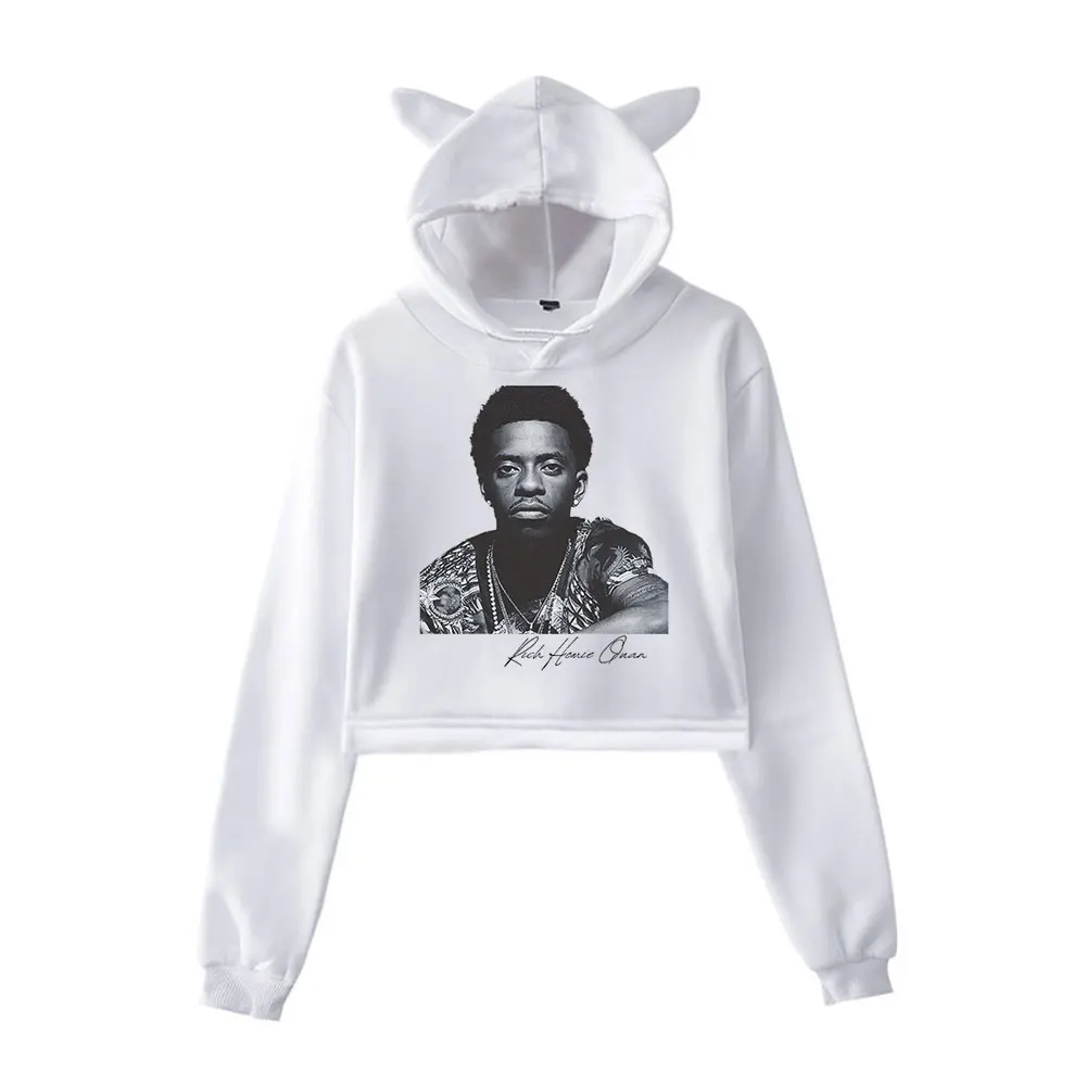 Rich Homie Quan RIP Cat Ear Hoodie Women Long Sleeve Sweatshirts Casual Streetwear Crop Tops