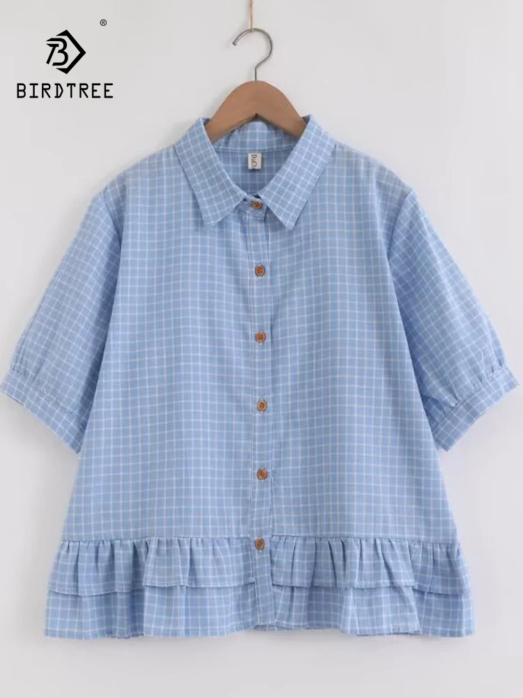 

New 2025 Autumn Cotton Short Sleeve Shirt, Women Turn-down Collar Plaid, Mori Girl French Ruffles Casual Loose Blouse T58850CC
