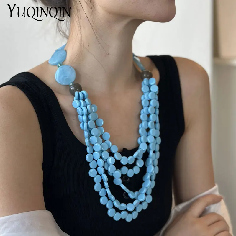 New Trendy Simple Bohemian Bib Necklaces for Women Multi Layered Colorful Beads Chain Pendant Necklace Aesthetic Fashion Jewelry