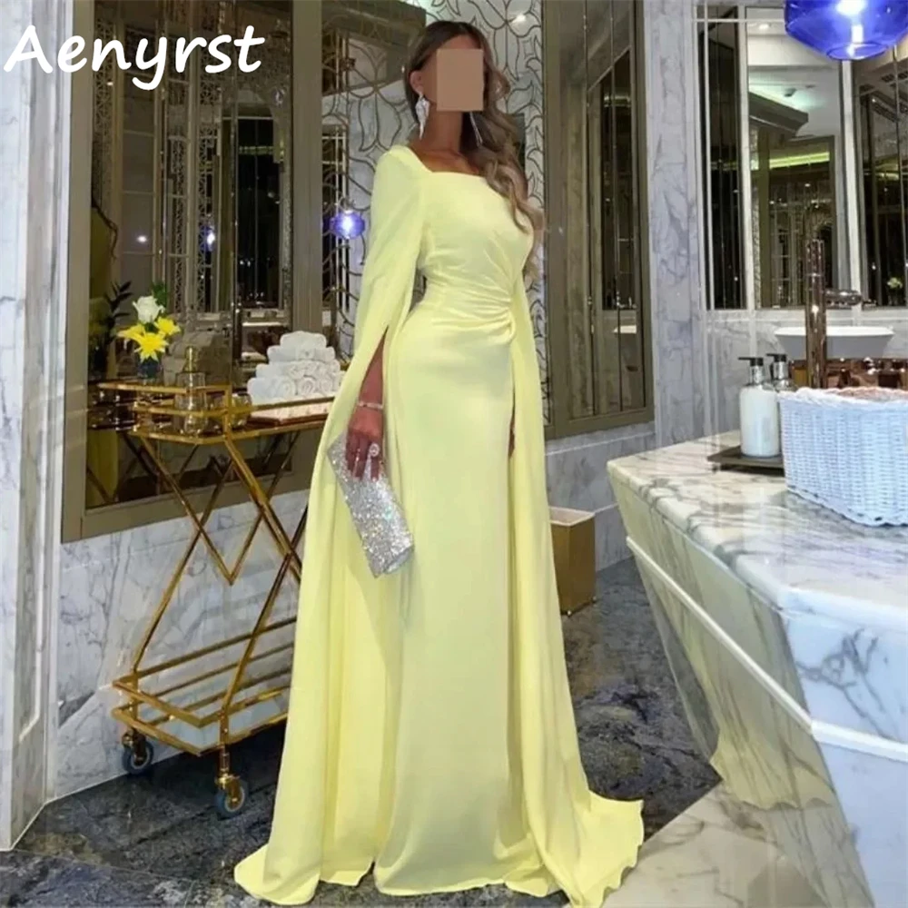 Aenyrst Gelbes Chiffon-Abschlussballkleid mit quadratischem Kragen, Meerjungfrau, lange Ärmel, Abendkleider, maßgeschneidertes bodenlanges