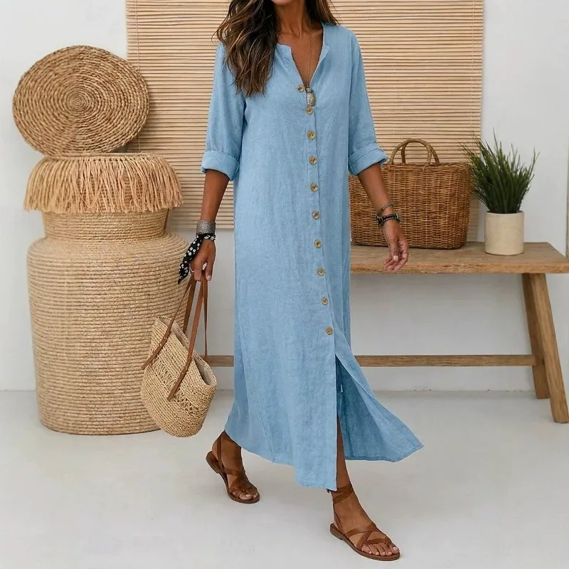 Mid-to-long-sleeved V-neck Buttoned Front-opening Long Dress, Loose Pure Color Casual Commuting Women's Autumn Fashion New Style