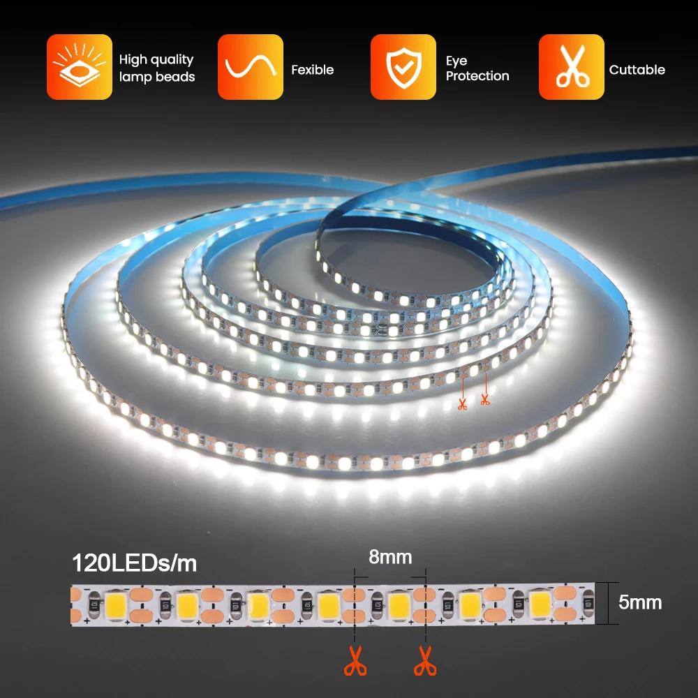 3MM 5MM 8MM PCB 5V 2835 LED Strip Light 120LEDs/m Flexible Tape High Bright 1 LED Cut Warm Natural White Kitchen Rome Home Decor
