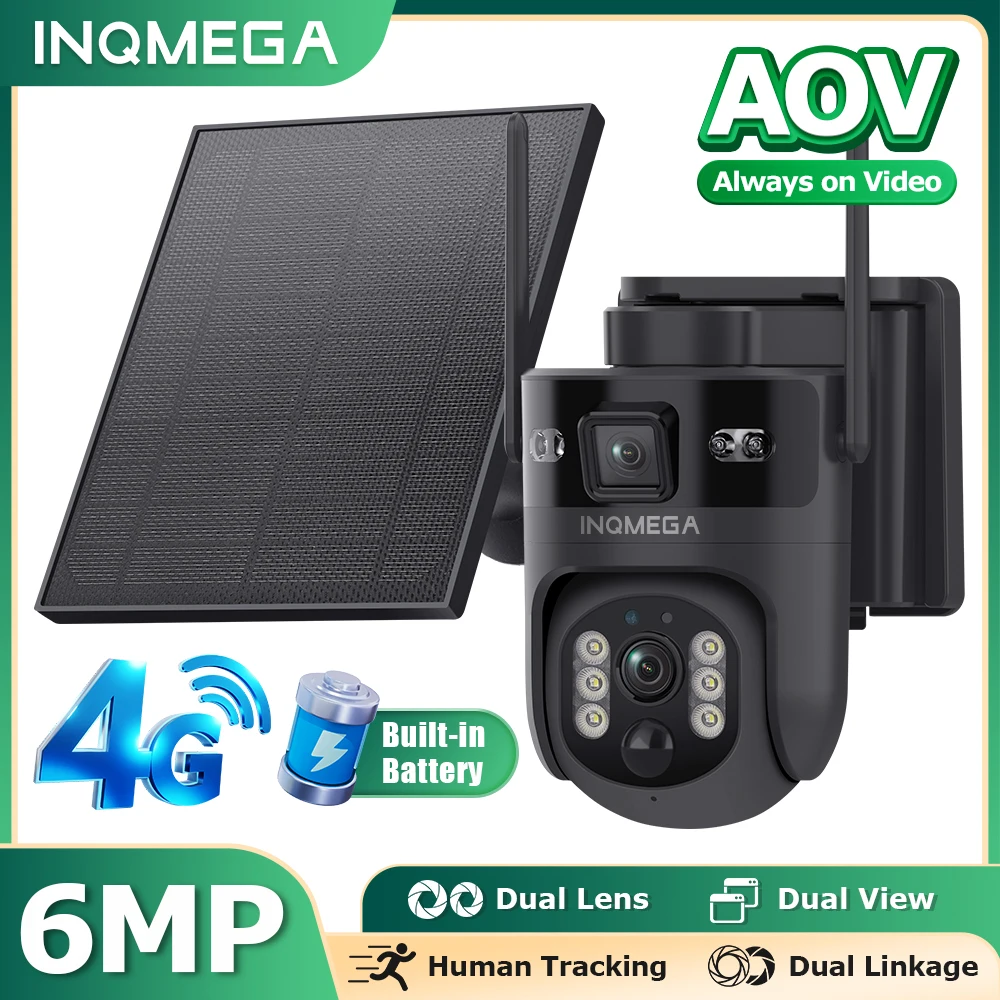 INQMEGA 4G/ Wifi AOV Solar Camera 6MP Outdoor Dual Lens WIFI Security PTZ Camera 24/7 Recording PIR Huamn Detect Battery Cameras