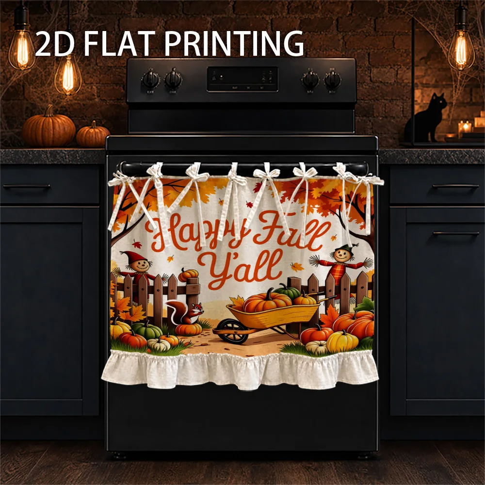 1PC kitchen stove curtain, cabinet curtain, apron. Featuring a 2D graphic design with autumn-themed pumpkins, scarecrows and aut
