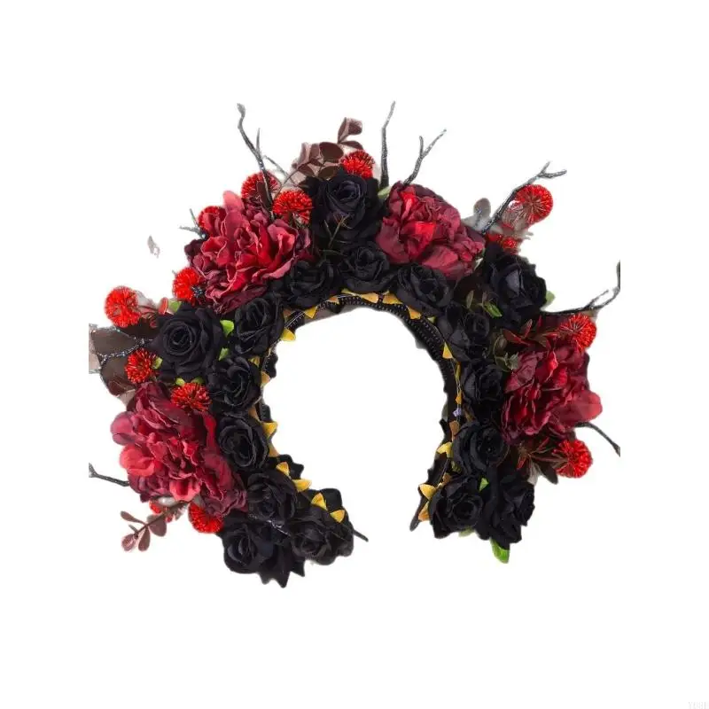 

Baroque Floral Headband With Cloth Fabric Roses For Women Gothic Wedding Hair Accessories Dark Black Red Y08E