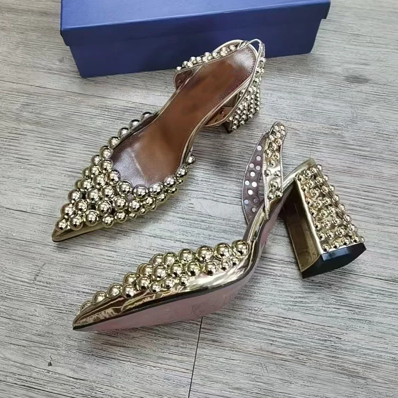 

Red Rivet Studded Sandals Woman Pointed Toe Gold Sivler Crystal Bead High Heels Lady Sexy Party Shoes