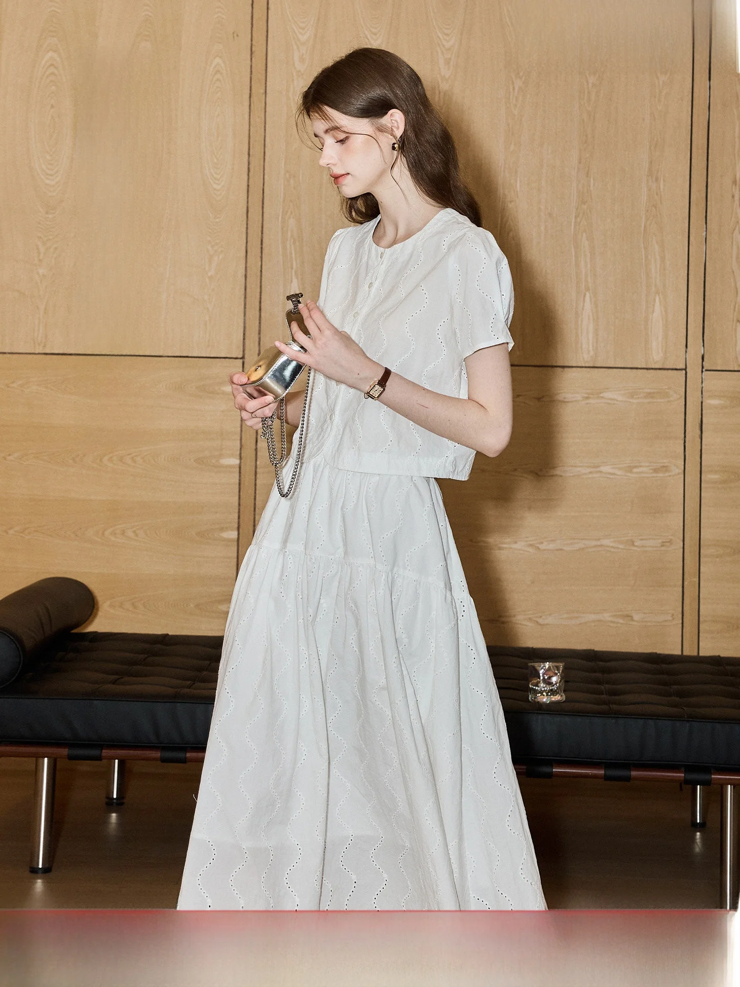 

Women's Cotton Short Sleeve Outfit Set Comfortable Breathable Summer Commute Fashion High Waist Midi Skirt White Casual Shirt