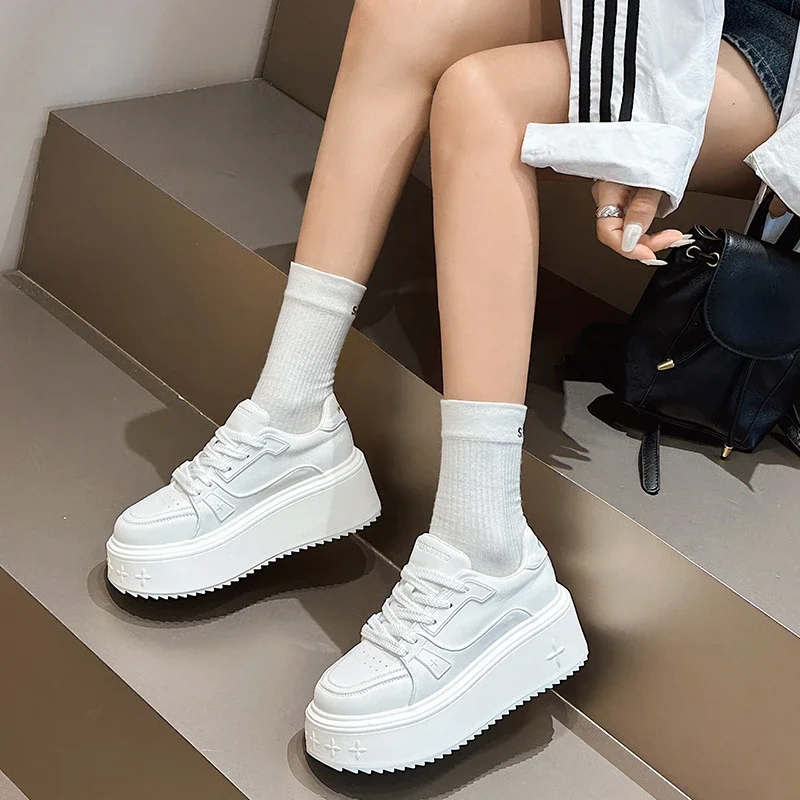 

Krasovki 6cm Cow Genuine Leather Autumn Summer Hollow Fashion Women White Chunky Sneaker Spring Platform Wedge Vulcanize Shoes