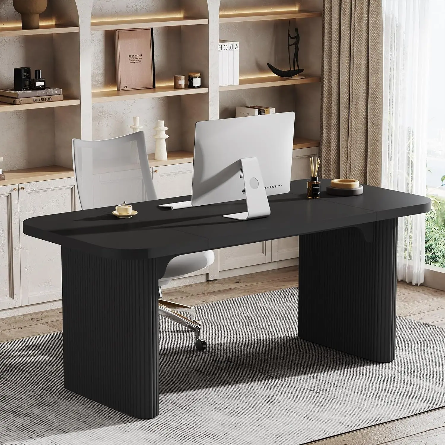 Rectangular Executive Computer Desk Large Modern Wood Writing Table Double Pedestal Home Office Easy Assembly Black, Customized
