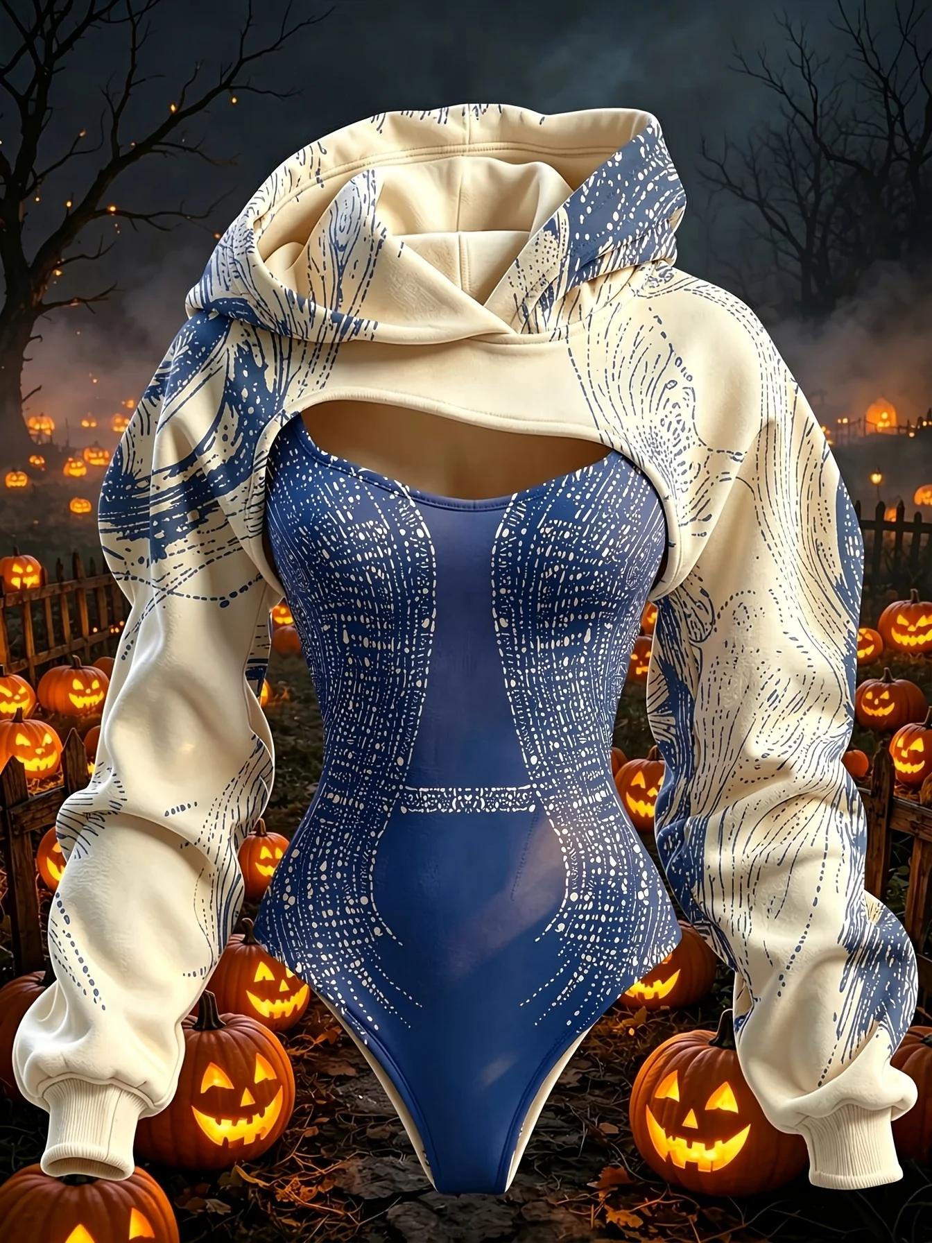 Women Halloween Rhinestone Pattern Double Hood Bodysuit Hollow Out Long Sleeve Hoodie Slim Outfit