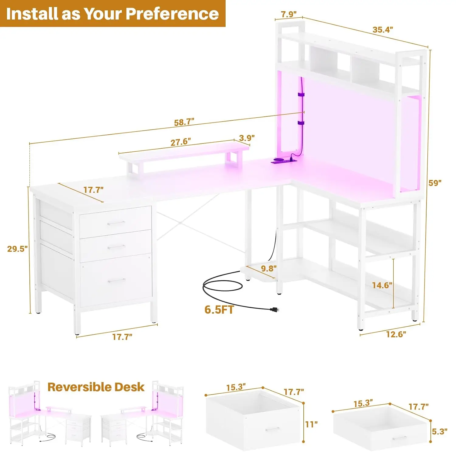 L Shaped Gaming Desk with Hutch, LED Lights, Power Outlet, File Drawer, Monitor Stand & Storage Shelves, White, Customized