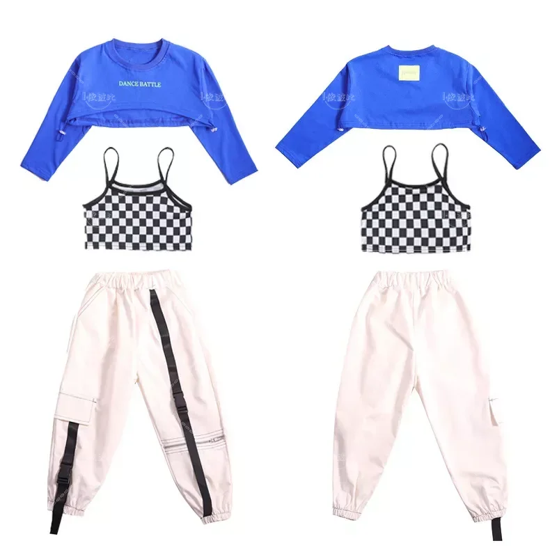 Girls Plaid Crop Sweatshirt Joggers Hip Hop Clothes Sets Kids Tank Top Cargo Pants Street Dance Wear Child Jazz Dacewear Costume