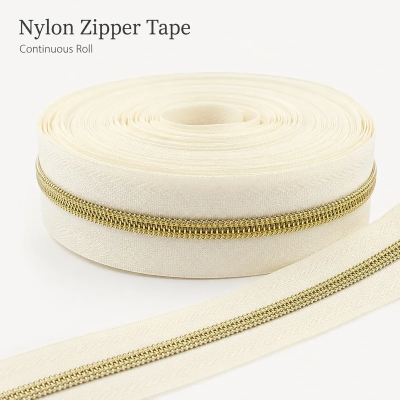 5M/10M/20M 5# Nylon Coil Zipper Tape Gold Teeth for Handbag Wallet Garment Pouch Luggage Cut-to-Length Repair Custom Sewing
