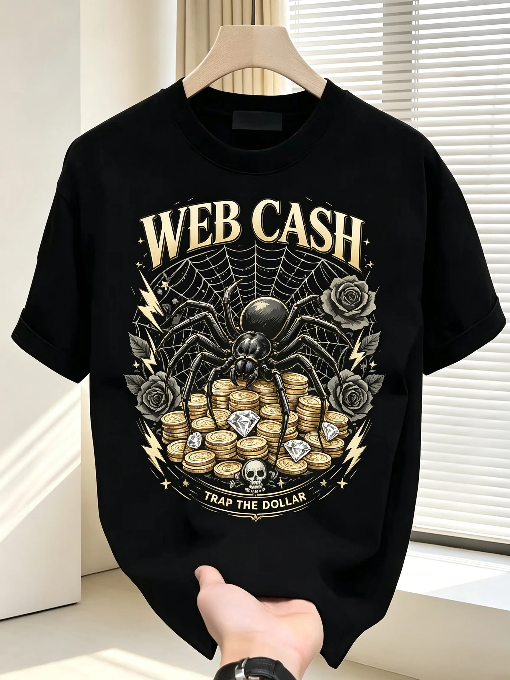 Unisex WEB CASH Spider Web Rose Gold Coins Skull Graphic T Shirt Men Women Gothic Vintage Streetwear Short Sleeve Black Casual Tee