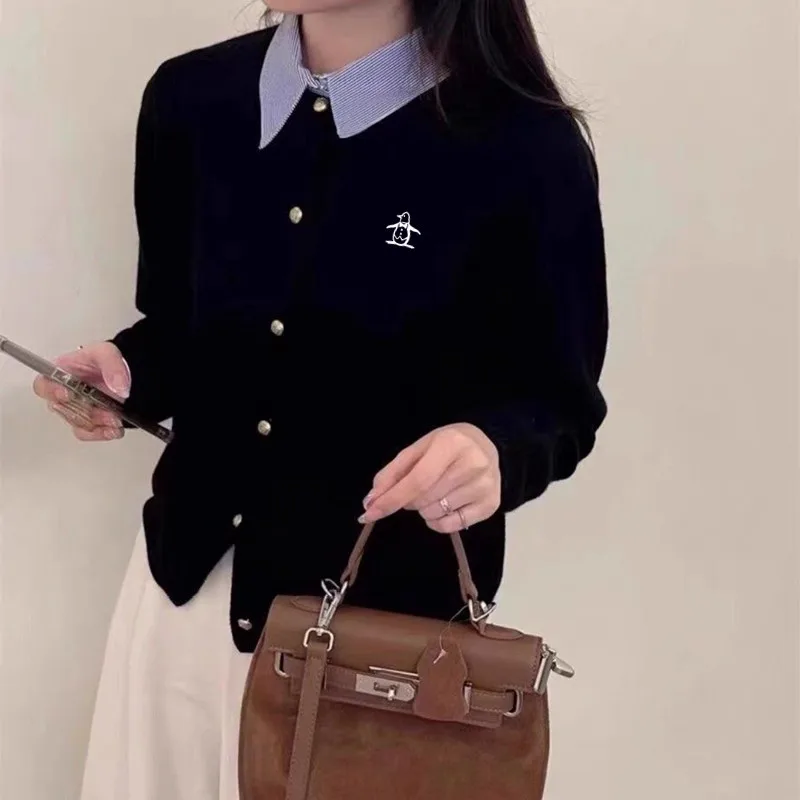 ๊ณจํ๋ํธ Fashion Fake Two Items Knit Cardigan Women\'s Autumn Golf Wear 2024 Luxury Brand Golf Sweater New Versatile Women Polo Shirt