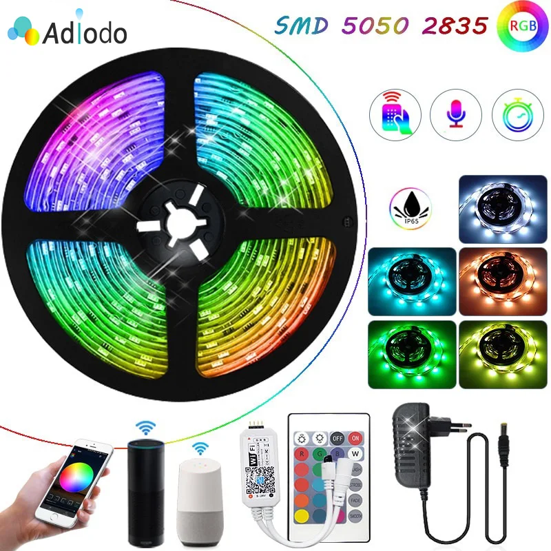 RGB LED Strip 5050 SMD 2835 LED Color-Changing Light Bluetooth&WIFI Controller and 12V Adapter For Bedroom TV Backlight Kitchen