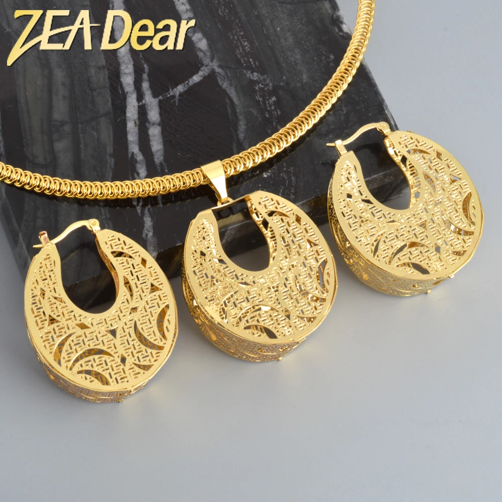 ZEADear-Dubai Gold Plated Jewelry Set, Luxury Necklace, Collar, Hollow Dangle Earring, Bride Set, Wedding Jewelry, Free Shipping