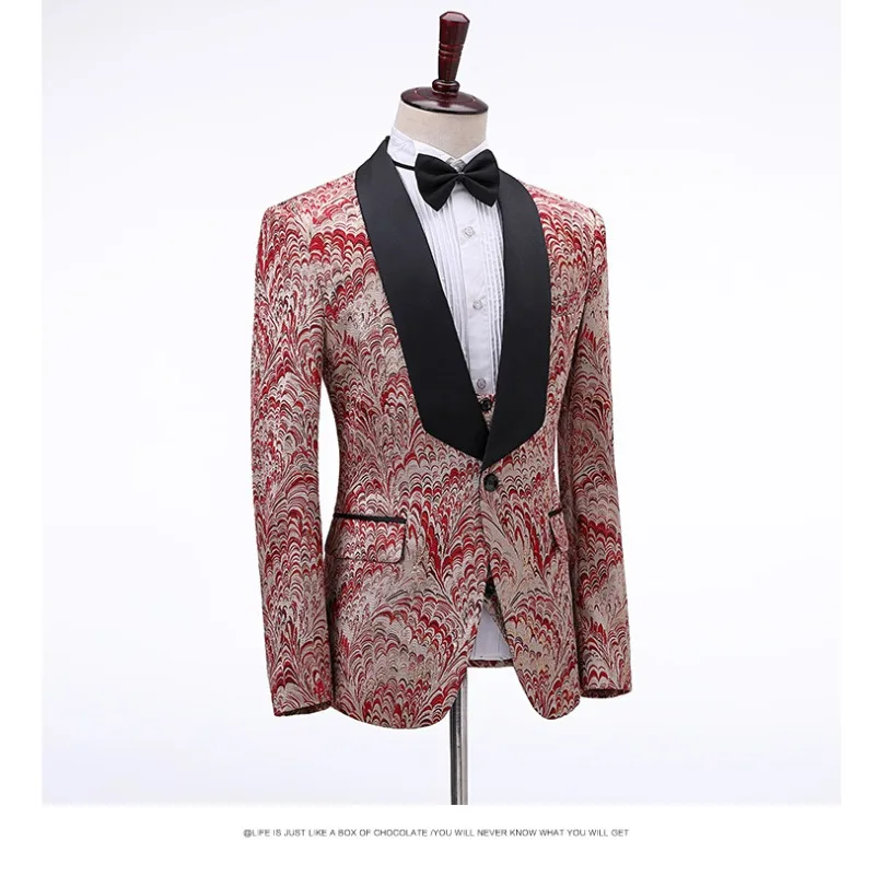 Men Suits Burgundy Jacquard Lapel Collar Suits Three-piece Set Perform Male Host Suit Groom Suit Men