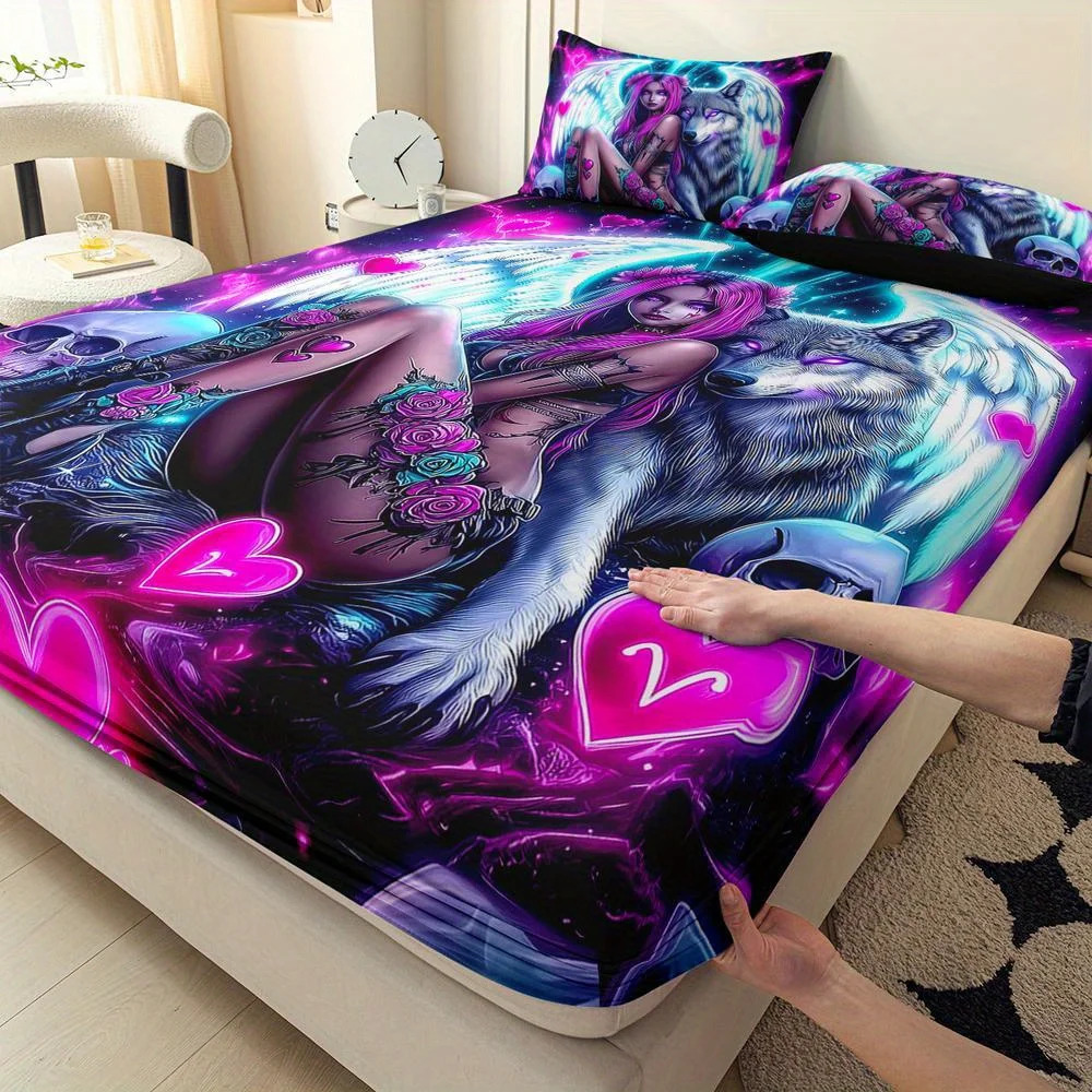 Purple Gothic Angel Print Bed Sheet Set, Breathable and Comfortable Mattress Protector, Breathable Polyester Material (includes 1 bed sheet + 2 pillowcases), Mattress Protector, Elastic Bed Sheet Style, Protective Cover, Mattress Cover, Bed Sheet Style Bedding, Christmas Theme Bedding