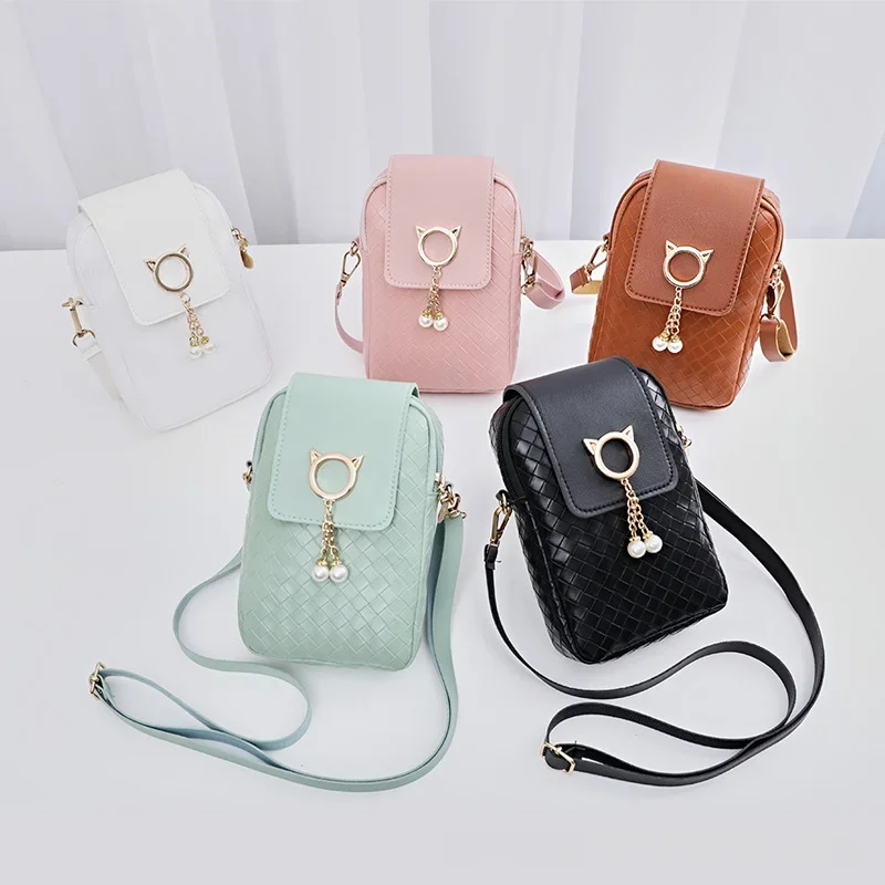 Bolso cruzado con borla de perlas para mujer, bolso de hombro de cuero PU, cartera informal sólida, monedero para niñas