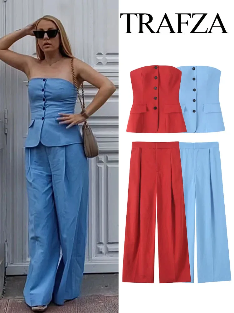 

TRAFZA Women 2025 2-Piece Set Fashion Sleeveless Single-Breasted Tube Top Vest+High Waist Pockets Pleated Casual Wide-Leg Pants