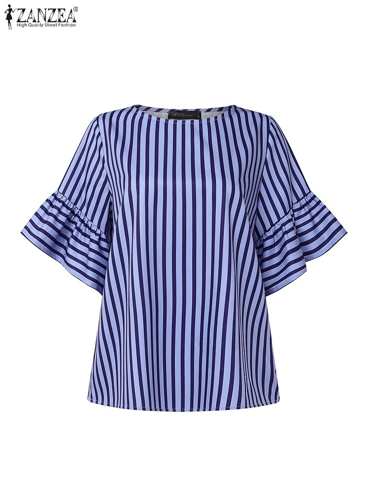 

2025 Summer Office Striped Blouses ZANZEA Women Elegant Short Sleeve Work Shirt Fashion Casual O Neck Holiday Tunic Blusas Femme