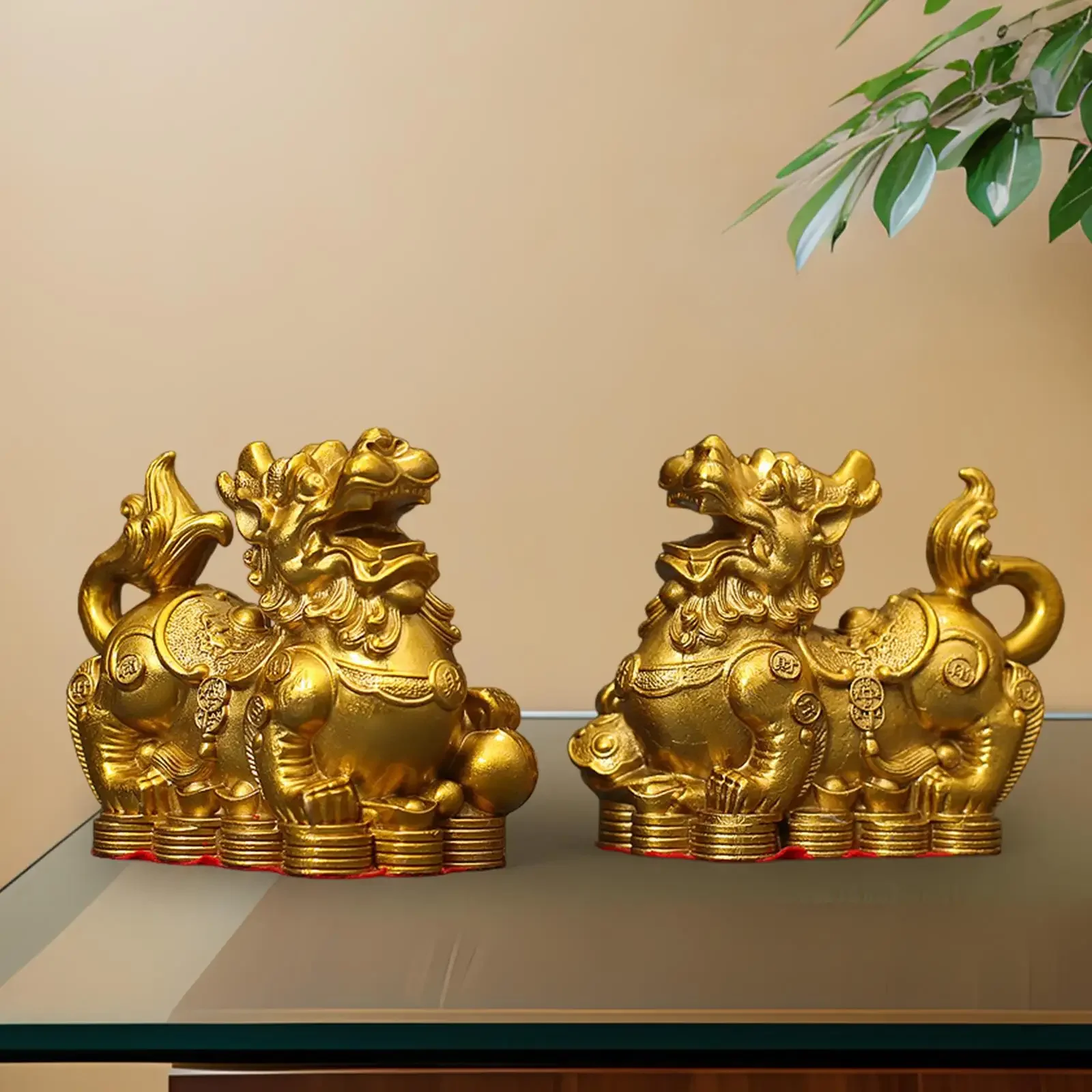 2Pcs Pixiu Statue Craft Decortions Brass Pi Yao Figurine Sculpture for Office Home Entrance Bedroom Indoor Table Ornaments Gifts