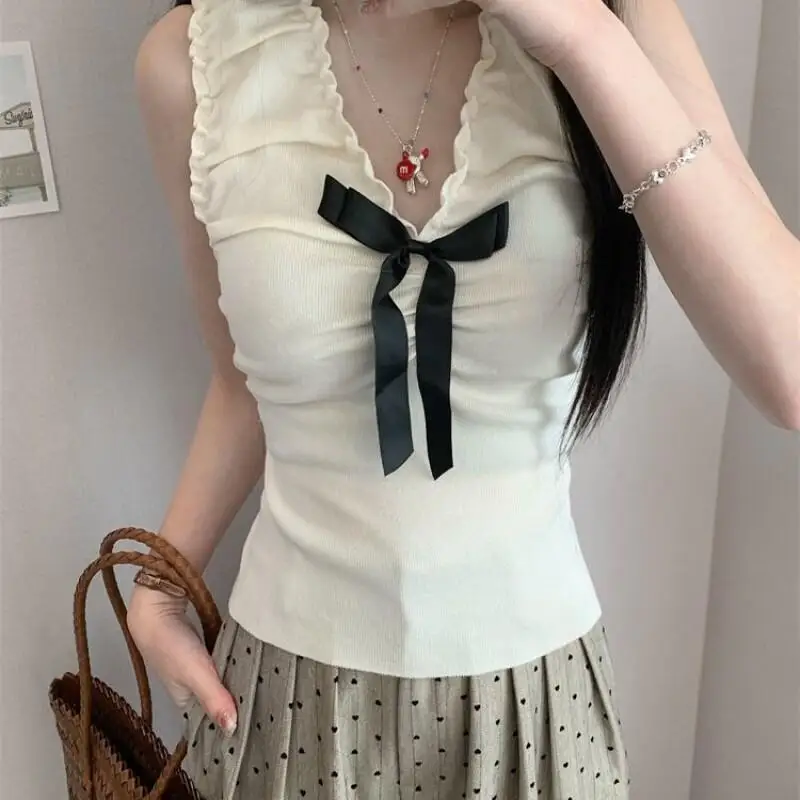 Französisch Stil Leibchen Frauen Bogen Ärmellose Blaue Weste Leibchen Süße Frühling und Sommer Oberbekleidung Hause Tragen Schlafsaal Leibchen