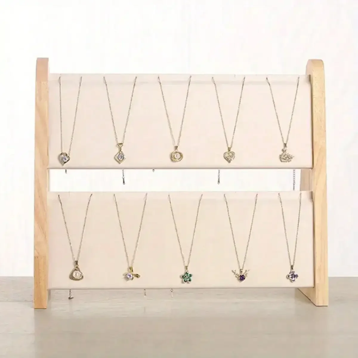 2-Tier Triangle Necklace Rack and Wooden Jewelry Tower Showcase Set with Multifunctional Pendant and Accessories Display Stand