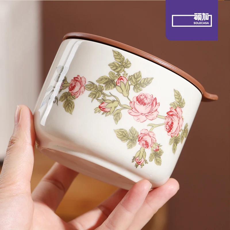 SOLECASA Elegant Rose Pattern Ceramic Lunch Box, Leak-Proof Bento Container for Work, Picnic & Fresh Food Keeping