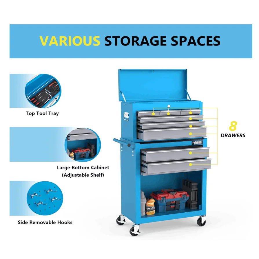 

8-drawer rolling toolbox,tool storage cabinet with lockable wheels,detachable top,drawers and side hooks,mechanical storage box