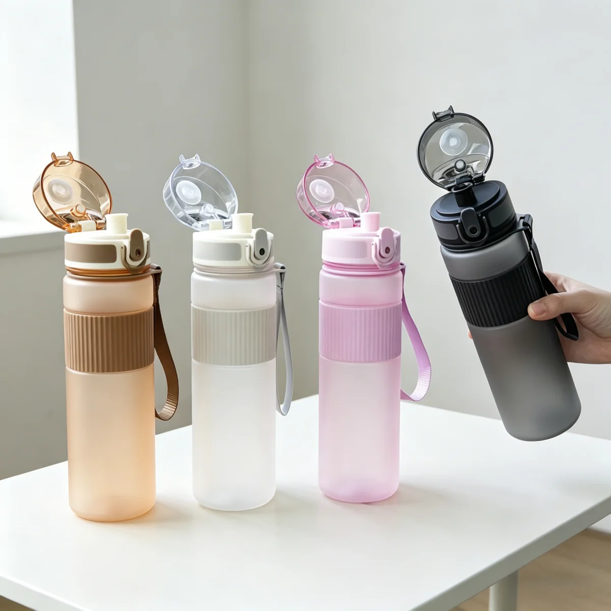 Plastic Water Bottle 500ml Leakproof Flip Top Sport Bottle with Lanyard, Portable for Gym, Travel, Outdoor, School,5 Colors Avai