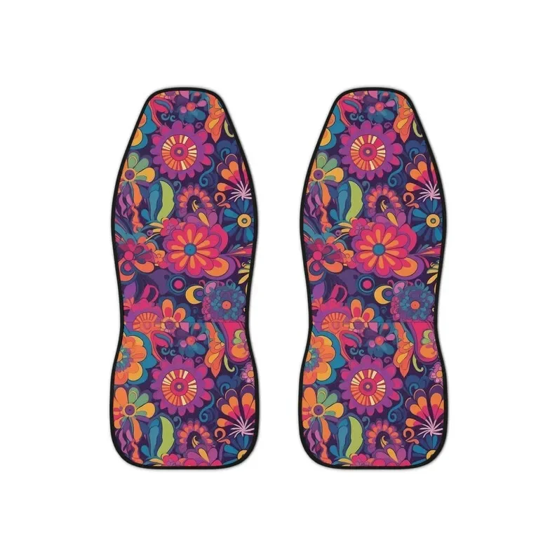 Colorful 70s Hippie Flower Car Seat Covers, Groovy Floral Pattern, Retro Style Vehicle Accessory, Durable Polyester,